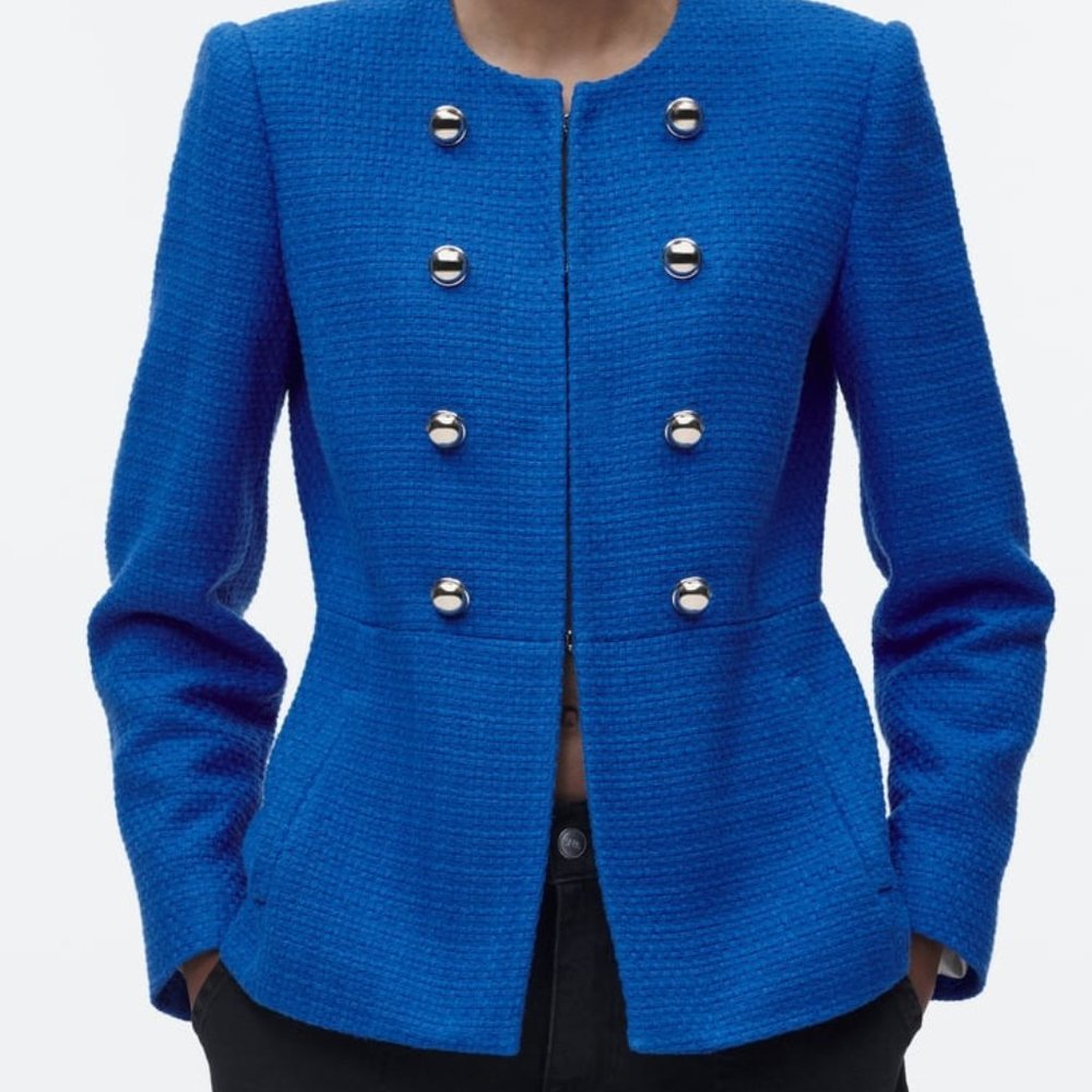 ZARA NEW WOMAN SS23 BLUISH TEXTURED BLAZER WITH GOLDEN BUTTONS REF:2229/522